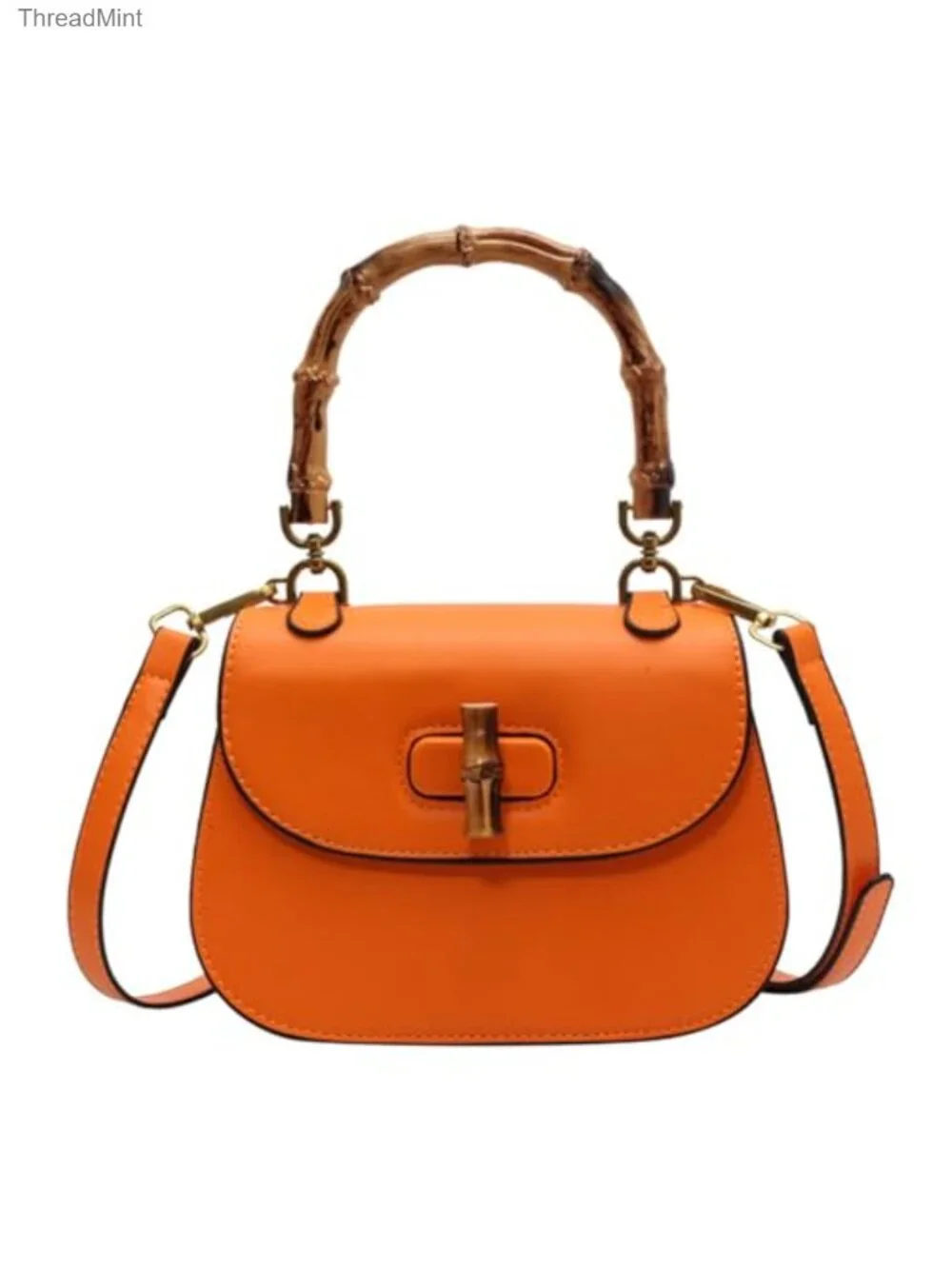 Leather Bamboo Handle Satchel Crossbody Bag Top Handle Shoulder Purse
